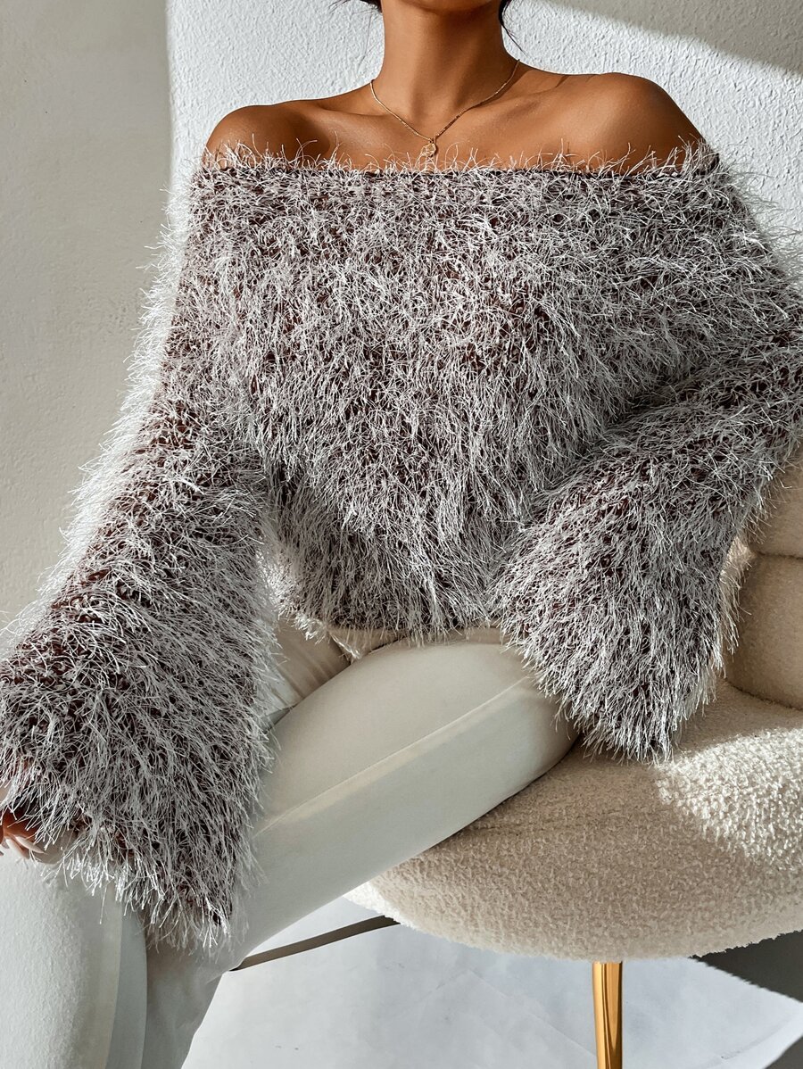 Chiquease Off Shoulder Trumpet Sleeve Fluffy Knit Jumper - Brown - View 1