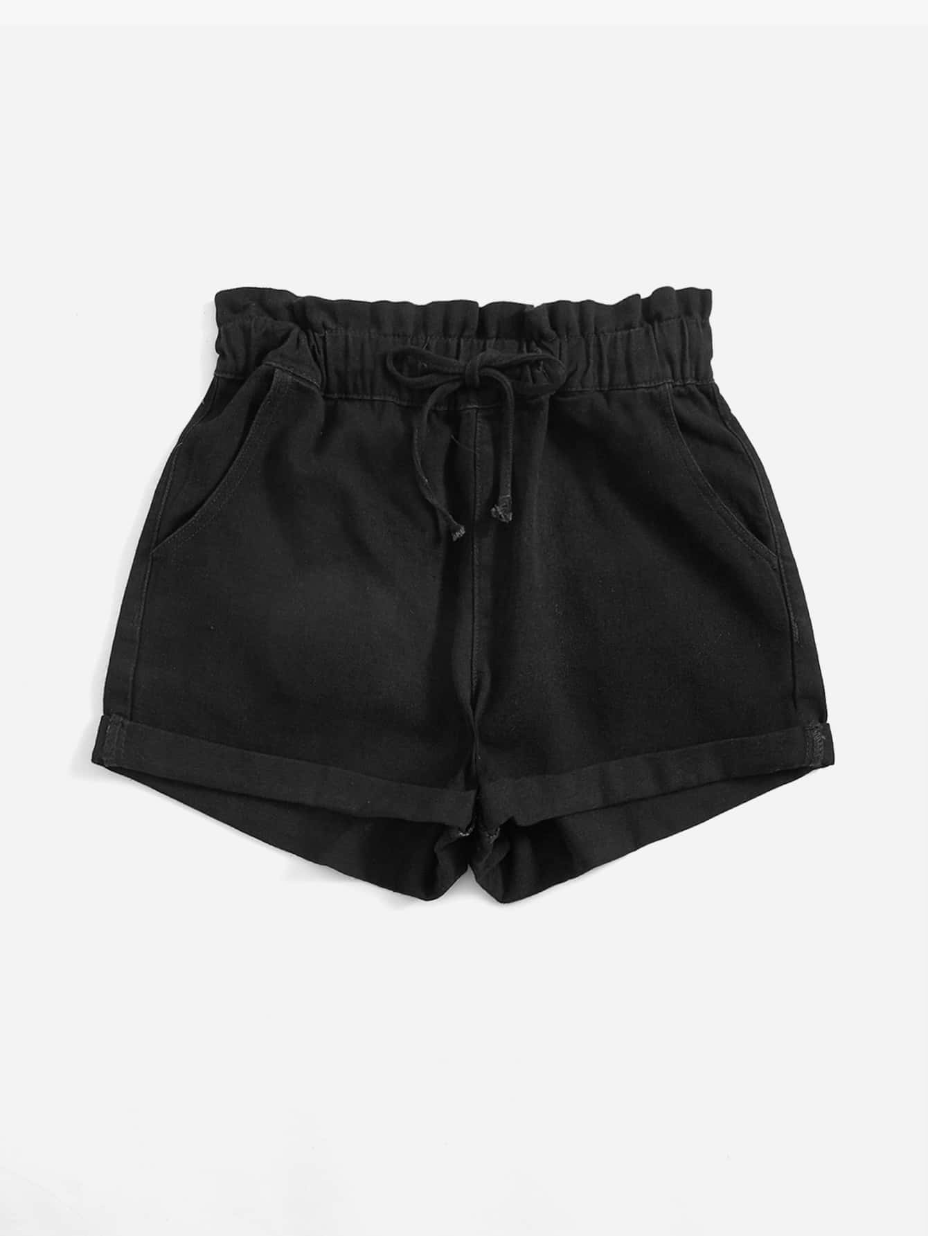Tie Waist Light Wash Denim Shorts - Black - View 1