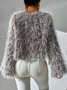 Chiquease Off Shoulder Trumpet Sleeve Fluffy Knit Jumper - Brown - View 2
