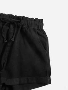 Tie Waist Light Wash Denim Shorts - Black - View 5