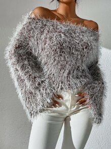 Chiquease Off Shoulder Trumpet Sleeve Fluffy Knit Jumper - Brown - View 5