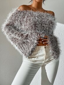 Chiquease Off Shoulder Trumpet Sleeve Fluffy Knit Jumper - Brown - View 6