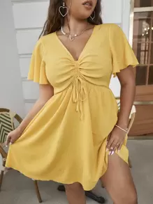Flirla Đầm Plus Size Dây kéo màu trơn Giải trí - Màu vàng - Xem 1