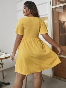 Flirla Đầm Plus Size Dây kéo màu trơn Giải trí - Màu vàng - Xem 2