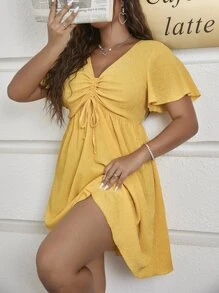 Flirla Đầm Plus Size Dây kéo màu trơn Giải trí - Màu vàng - Xem 3