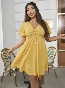 Flirla Đầm Plus Size Dây kéo màu trơn Giải trí - Màu vàng - Xem 5