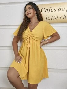 Flirla Đầm Plus Size Dây kéo màu trơn Giải trí - Màu vàng - Xem 6