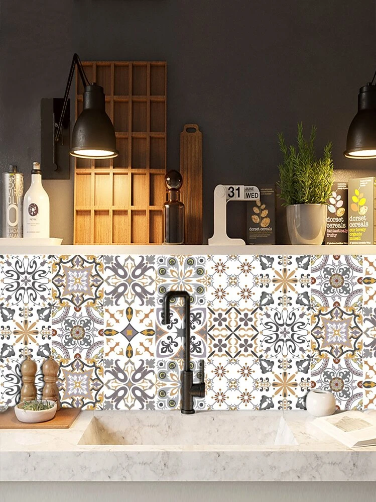 10 piezas Pegatina de cocina con patrón vintage - Multicolor - Añade 1