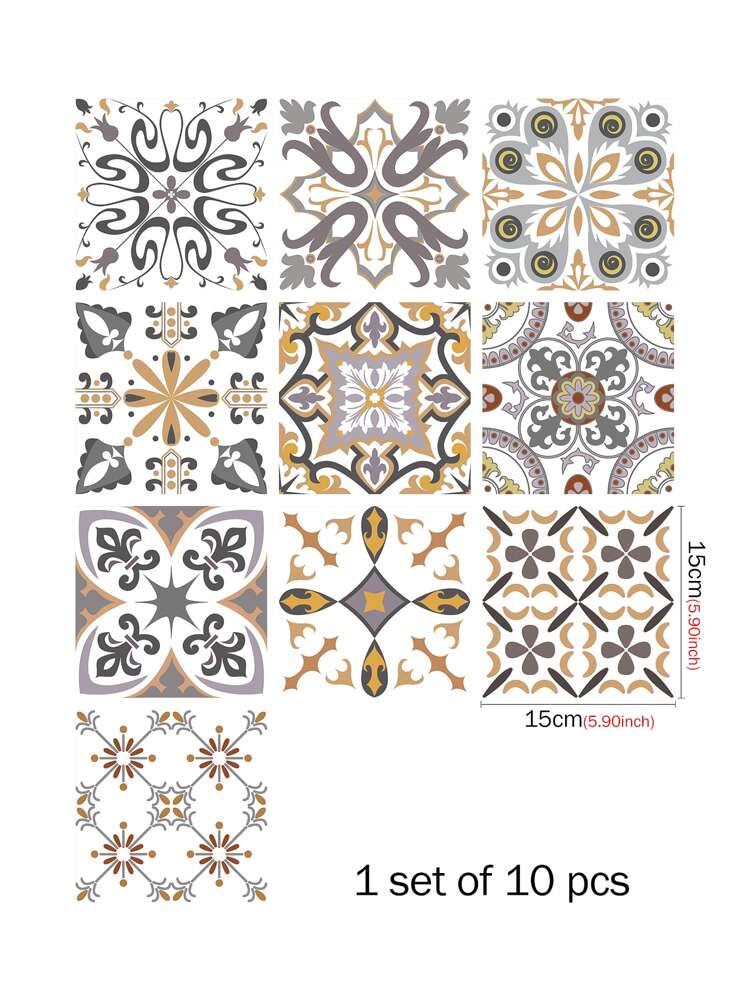 10 piezas Pegatina de cocina con patrón vintage - Multicolor - Añade 3