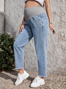SHEIN Maternity Colorblock Raw Hem Jeans