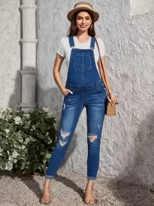 SHEIN Maternity Patched Pocket Ripped Skinny Denim Overalls - Medium Wash - View 1