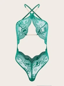 Classic Sexy Chain Detail Cut Out Lace Teddy Bodysuit - Green - View 1