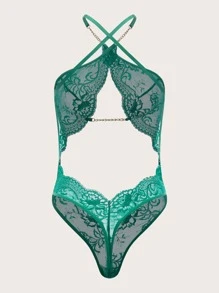 Classic Sexy Chain Detail Cut Out Lace Teddy Bodysuit - Green - View 2