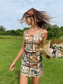 SHEIN MOD Cat Print Curved Hem Tank Top & Skirt - Brown - View 6