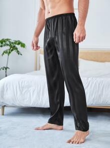 Men Striped Jacquard Satin Pyjama Trousers - Black - View 3