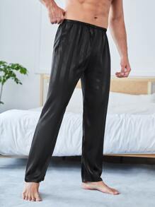 Men Striped Jacquard Satin Pyjama Trousers - Black - View 4