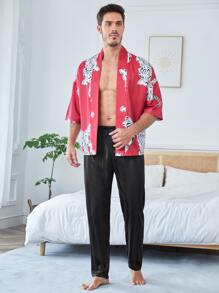 Men Striped Jacquard Satin Pyjama Trousers - Black - View 5