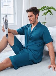 Men Satin Lapel Collar Button Up PJ Set - Teal Blue - View 1
