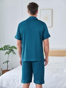Men Satin Lapel Collar Button Up PJ Set - Teal Blue - View 2