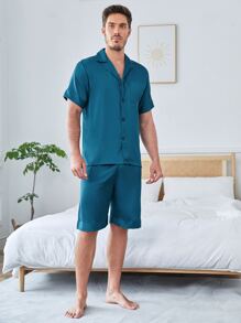 Men Satin Lapel Collar Button Up PJ Set - Teal Blue - View 3