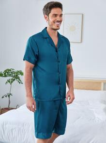 Men Satin Lapel Collar Button Up PJ Set - Teal Blue - View 5