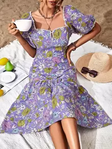 SHEIN Frenchy Vestido con estampado floral de manga farol bajo con fruncido - Morado - Ver 3