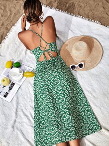 GENKIRA 植物圖案高衩吊帶連衣裙 - 綠色 - 查看 2