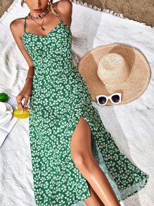 GENKIRA 植物圖案高衩吊帶連衣裙 - 綠色 - 查看 3