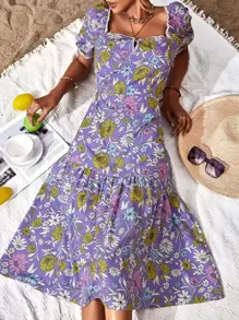 SHEIN Frenchy Vestido con estampado floral de manga farol bajo con fruncido - Morado - Ver 1