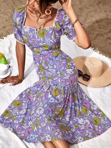 SHEIN Frenchy Vestido con estampado floral de manga farol bajo con fruncido - Morado - Ver 4
