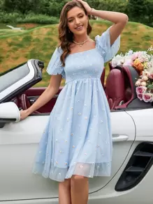 Aveloria Rosie Floral Embroidery Mesh Shirred Puff Sleeve Dress Vacation Outfits Woman  - Baby Blue - View 5