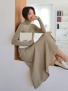 DAZY Falda de talle alto con cremallera trasera - Caqui - Ver 6