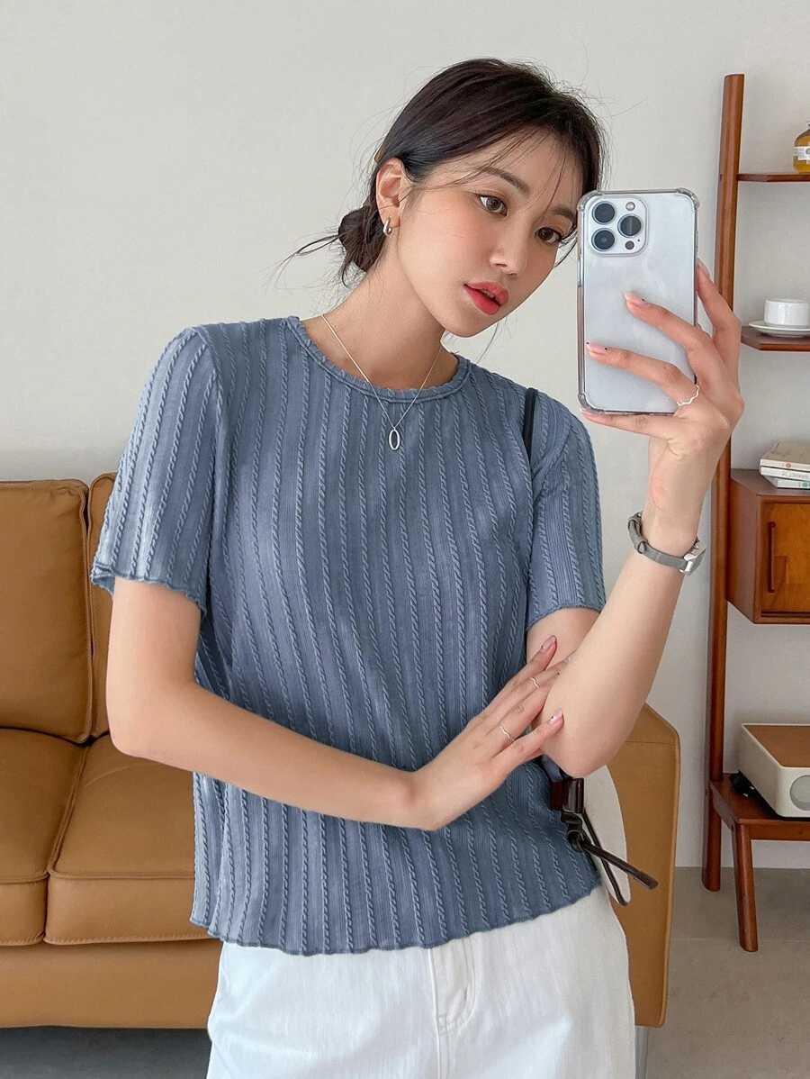 DAZY 莴苣边纹理纯色t恤 - 霧霾藍 - 查看 1