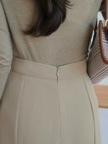 DAZY Falda de talle alto con cremallera trasera - Caqui - Ver 8