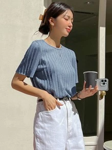 DAZY 莴苣边纹理纯色t恤 - 霧霾藍 - 查看 5