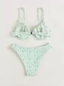 Ditsy Floral Underwire Bikini Set - Green - View 2