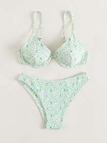 Ditsy Floral Underwire Bikini Set - Green - View 3