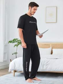 Men Slogan Embroidery Tee & Trousers PJ Set - Black - View 1