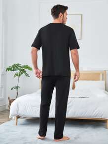 Men Slogan Embroidery Tee & Trousers PJ Set - Black - View 2
