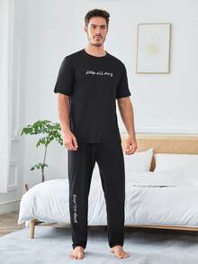 Men Slogan Embroidery Tee & Trousers PJ Set - Black - View 3