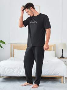 Men Slogan Embroidery Tee & Trousers PJ Set - Black - View 4