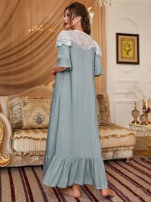 Lace Insert Ruffle Hem Pajama Night Lone Dress - Grey - View 2