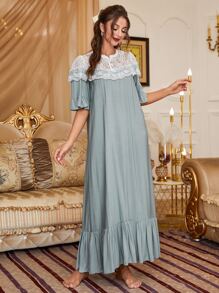 Lace Insert Ruffle Hem Pajama Night Lone Dress - Grey - View 4