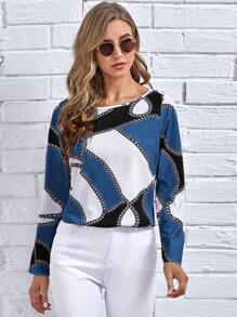SHEIN Clasi Camisa de color combinado con estampado de cadena - Multicolor - Ver 1