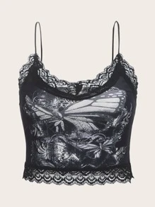 ROMWE Goth Butterfly Graphic Contrast Lace Cami - Black - View 1