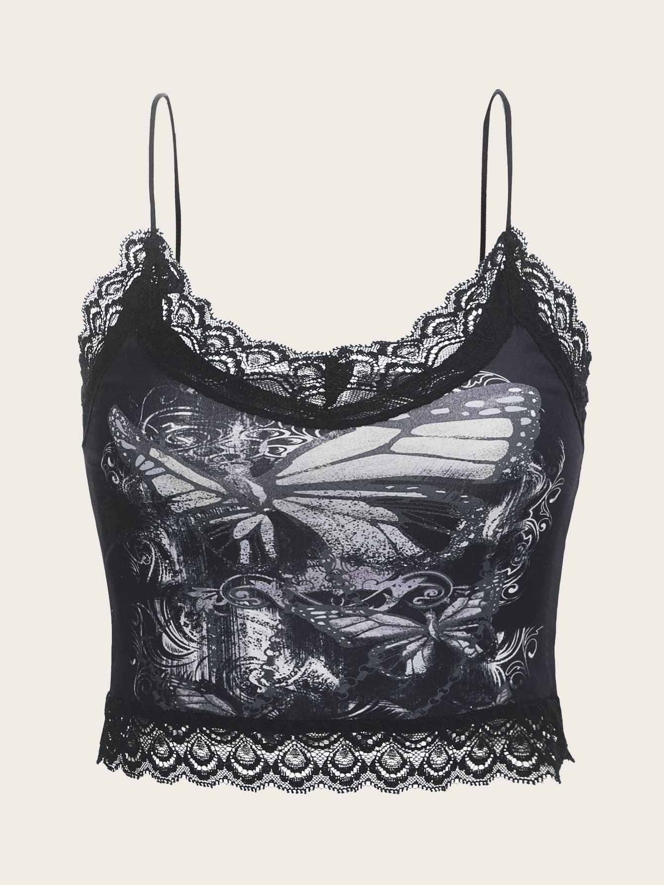 ROMWE Goth Butterfly Graphic Contrast Lace Cami - Black - View 1