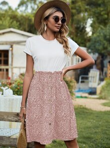 SHEIN LUNE 假兩件紐扣細節圖案印花荷葉邊細節連衣裙 - 彩色 - 查看 3