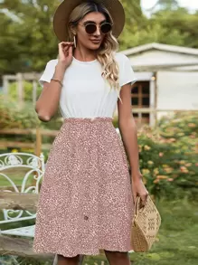 SHEIN LUNE 假兩件紐扣細節圖案印花荷葉邊細節連衣裙 - 彩色 - 查看 4