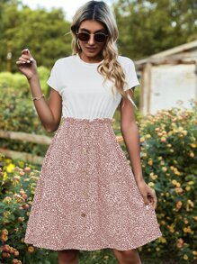 SHEIN LUNE 假兩件紐扣細節圖案印花荷葉邊細節連衣裙 - 彩色 - 查看 5