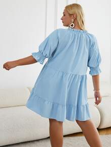Simplee Plus Frilled Tie Neck Puff Sleeve Ruffle Hem Smock Dress - Baby Blue - View 2